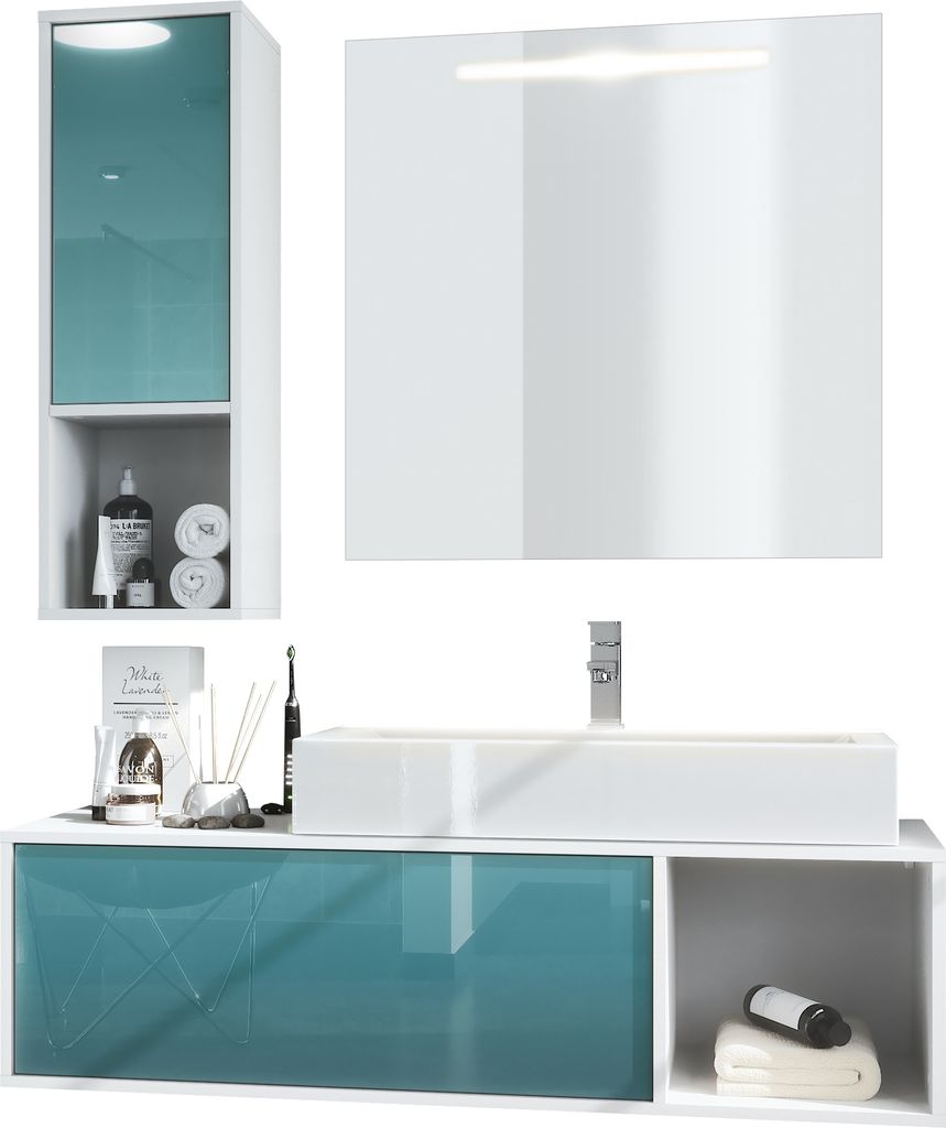 Vladon Badmöbel Komplettset La Costa, Germany, Korpus in Weiß matt / Fronten in Petrol Hochglanz, mit Aufsatzwaschbecken, Armatur und LED Spiegel