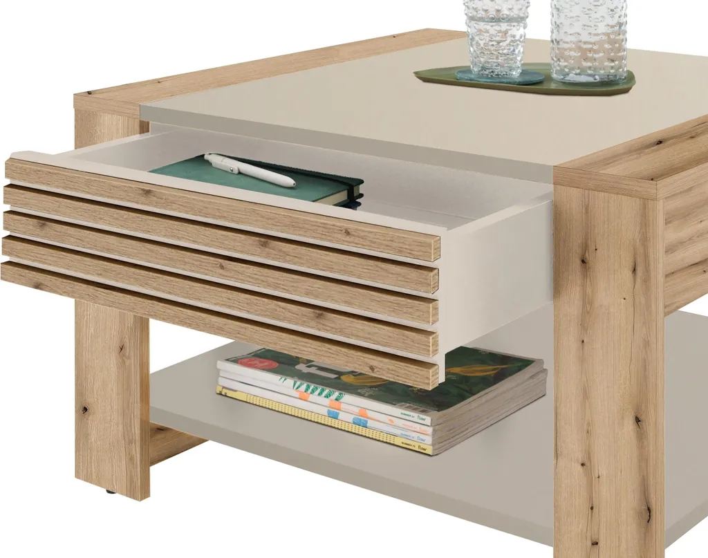 Table basse 70x70 cm tiroir coulissant bois Chêne Evoke et Cachemire