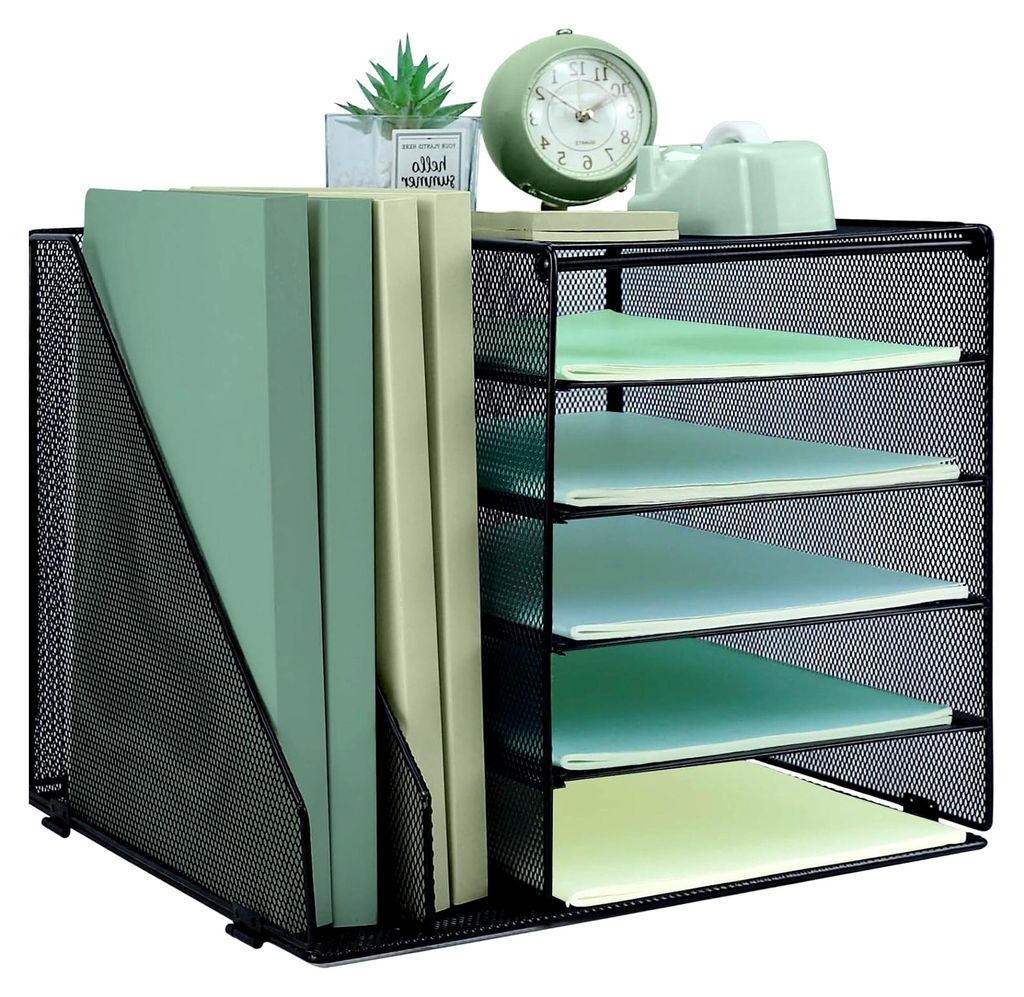 Schreibtisch-Organizer mit 5 Ebenen und 2 zusätzlichen vertikalen Aktenordnern, Papier-Briefablage, A4-Papier-Desktop-Ablagen, Zeitschriftenhalter...