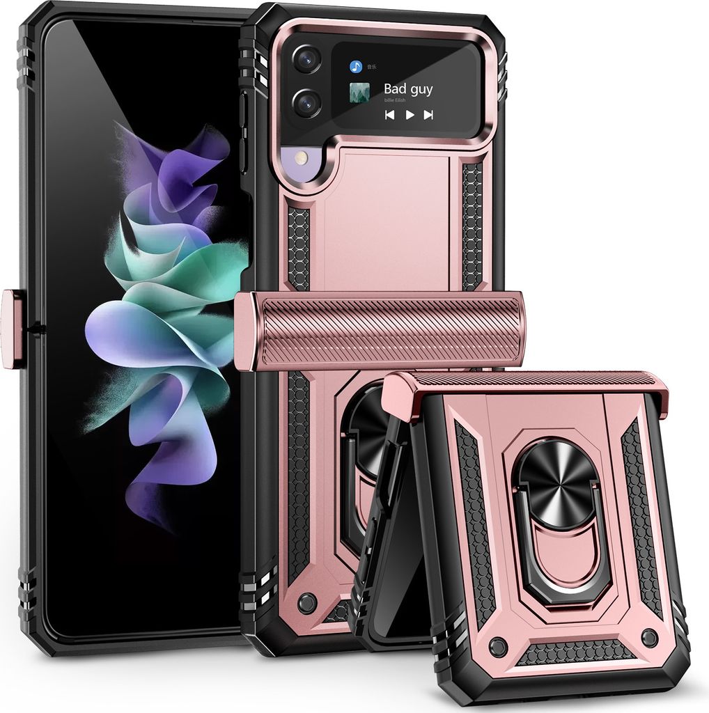 Galaxy Z Flip4 Hülle, Dual Layer Robust Militäre Scharnierschutz Schutzhülle mit Ringhalterung Ständer für Samsung Galaxy Z Flip 4 5G Roségold