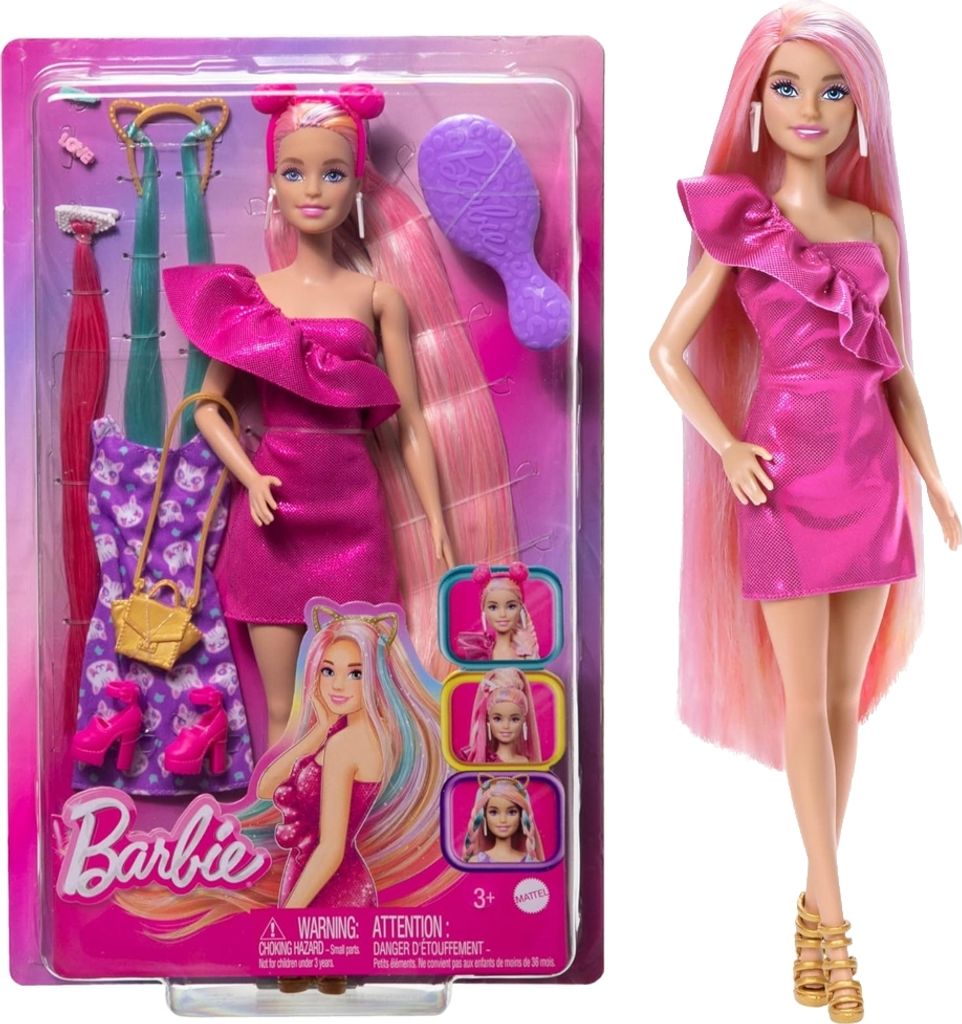 A Barbie doll with long pink hair and a pink dress, displayed in its packaging along with accessories. Another Barbie doll is shown outside the packaging, also with long pink hair and a pink dress.