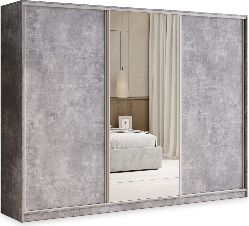 Masseno Schiebetürenschrank TARI 270/205/58 cm Kleiderschrank mit 4 Schubladen Schlafzimmer Schrank 3-türig mit Spiegel Titanfarben