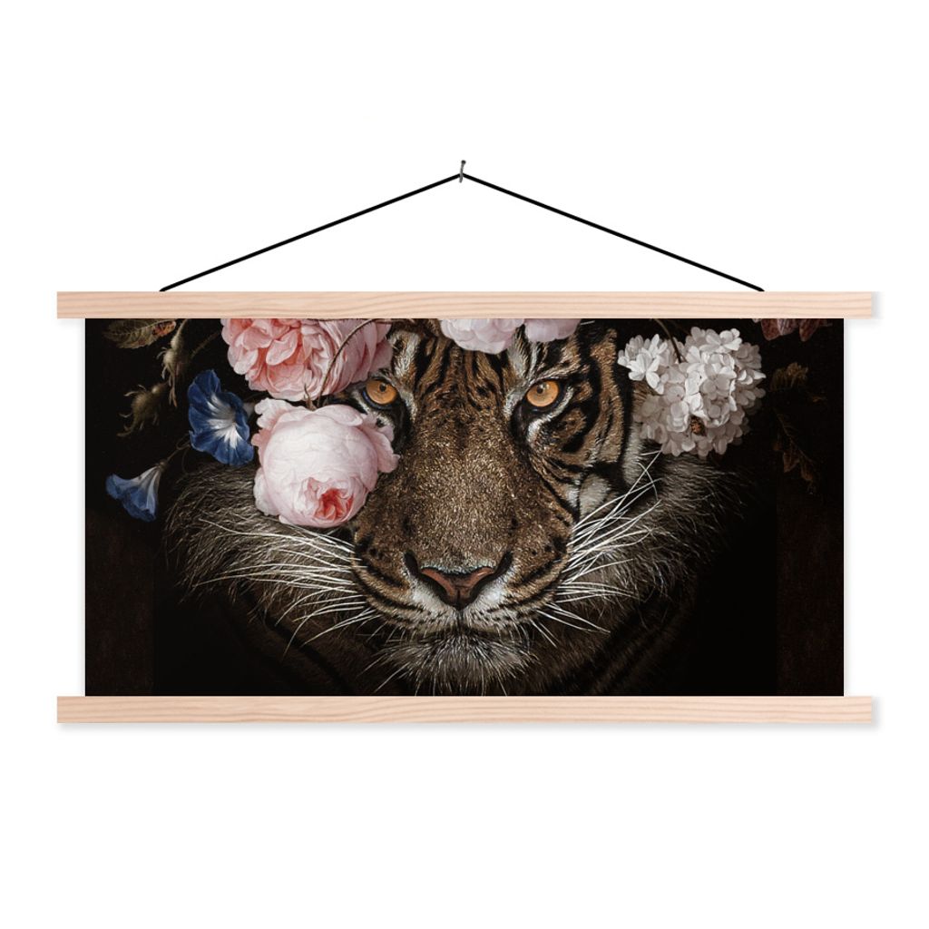 MuchoWow Textilposter Tiger - Blumen - Tierkopf 120x60 cm mit holzfarbenen Rahmen - Klemmleiste