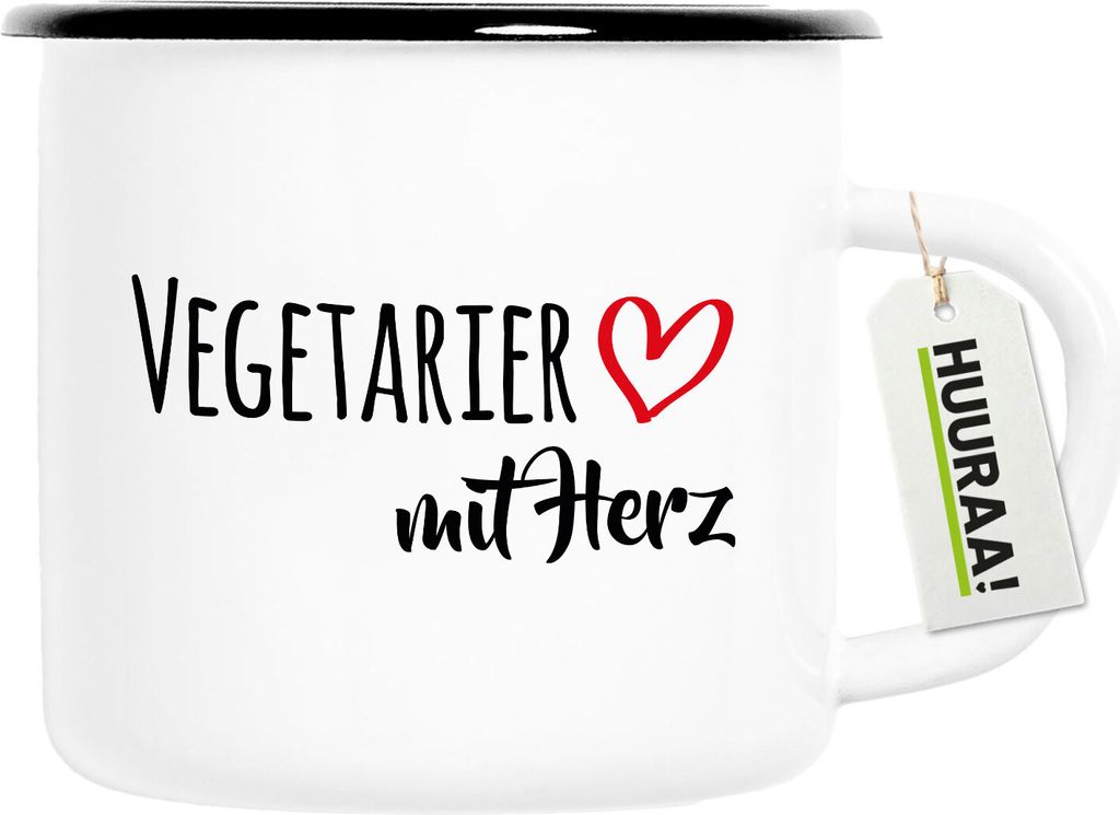 Huuraa Emaille Tasse Vegetarier mit Herz 300ml Vintage Campingbecher Geschenkidee