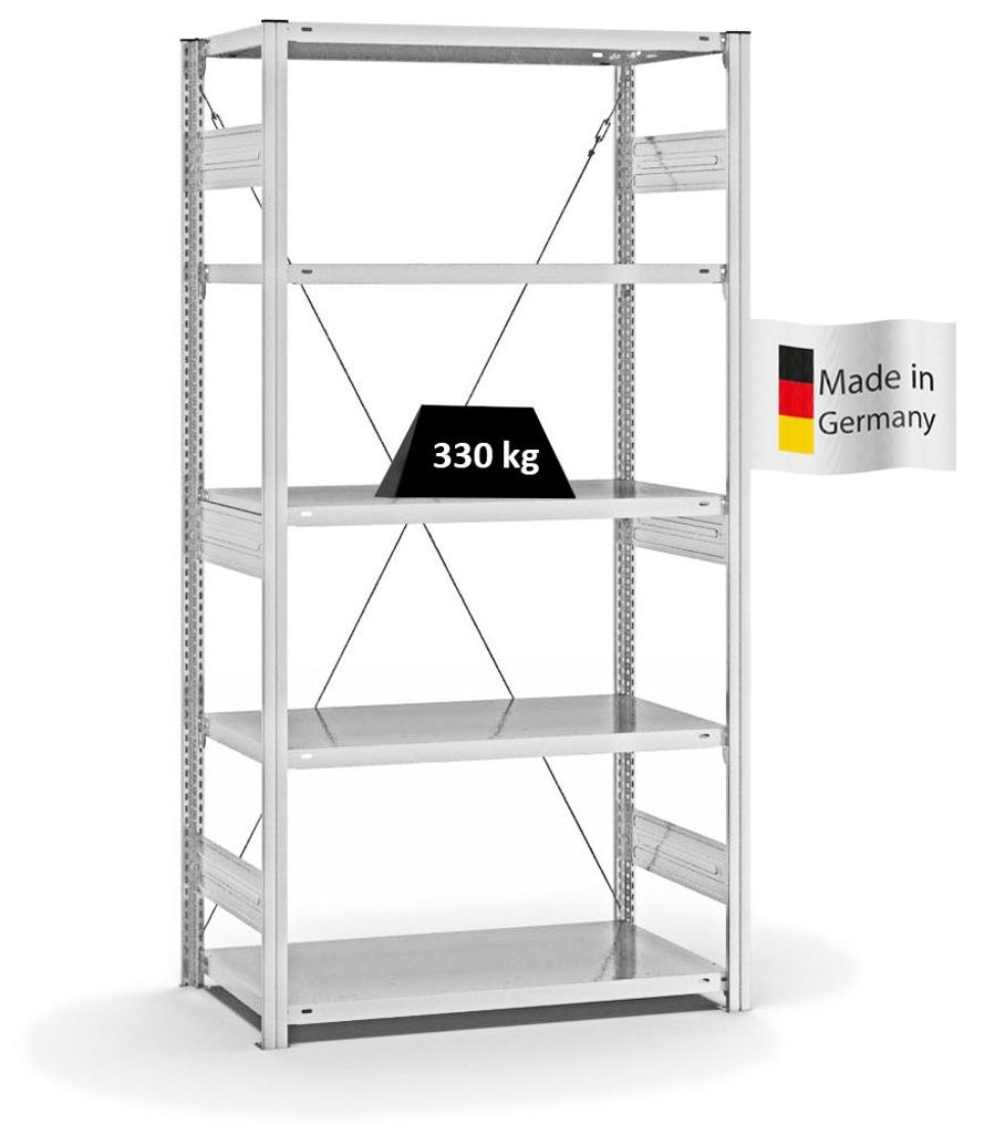 PROREGAL Fachbodenregal Stecksystem MAGNUS Germany | HxBxT 200x100x50cm | 5 Ebenen | Fachlast 330 kg | Einseitig nutzbar | Lichtgrau