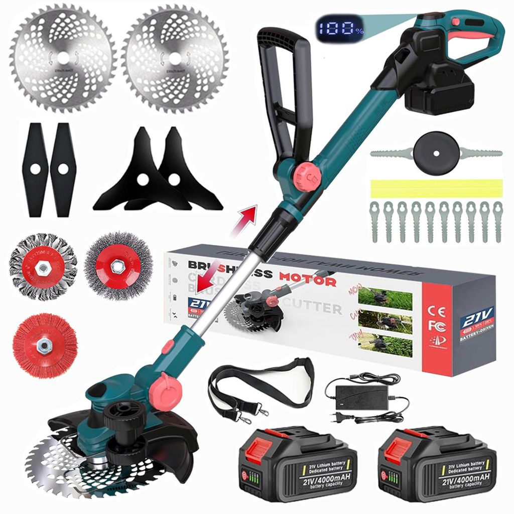 Bürstenloser 750W Akku Rasentrimmer mit 2× 4000mAh Akkus & Ladegerät, 6 Klingentypen Rasentrimmer mit Fugenbürste, Unkrautbürste, Drahtbürste...