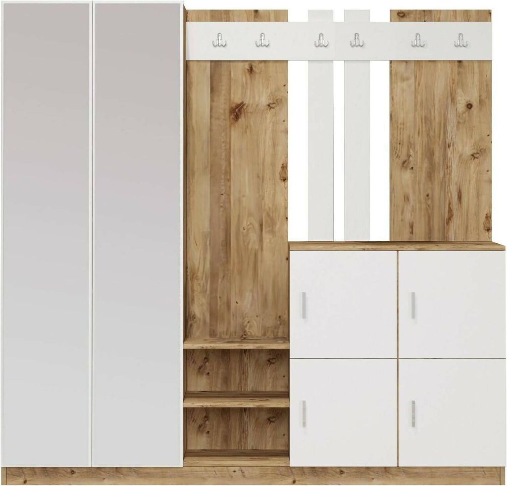 Eingangsmöbel Dnikolao, Moderner Eingang, Wandgarderobe, Multifunktions-Aufbewahrungskonsole, 187x38h180 cm, Eiche und Weiß