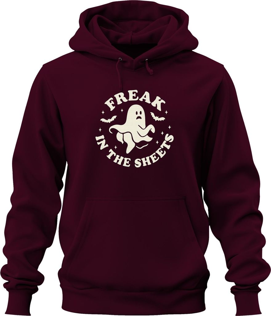 FREAK IN THE SHEETS Halloween Geist Lustig Spruch Retro Vintage Uni Hoodie Kapuzenpullover, Burgundy, L