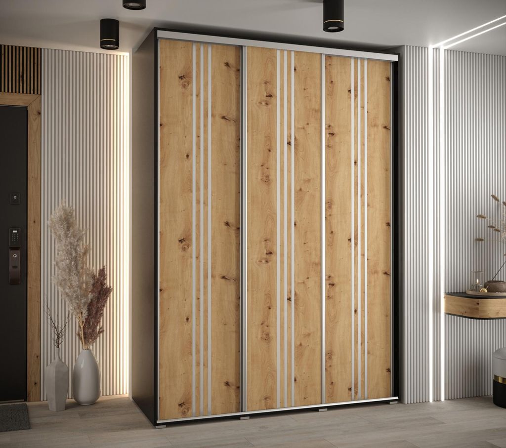 Kleiderschrank YVONA 6 – 180/60 cm, Schwarz/Eiche handwerklich/Silber