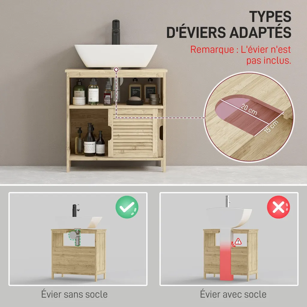 Meuble de Rangement Salle de Bain en Bambou Naturel - Dessous de Lavabo - 3