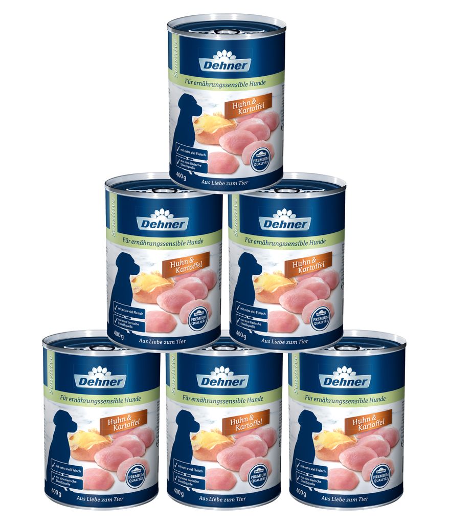 Dehner Premium Hundefutter Sensitive, Nassfutter zuckerfrei / getreidefrei, für ausgewachsene ernährugssensible Hunde, Huhn / Kartoffel, 6 x 400 ...