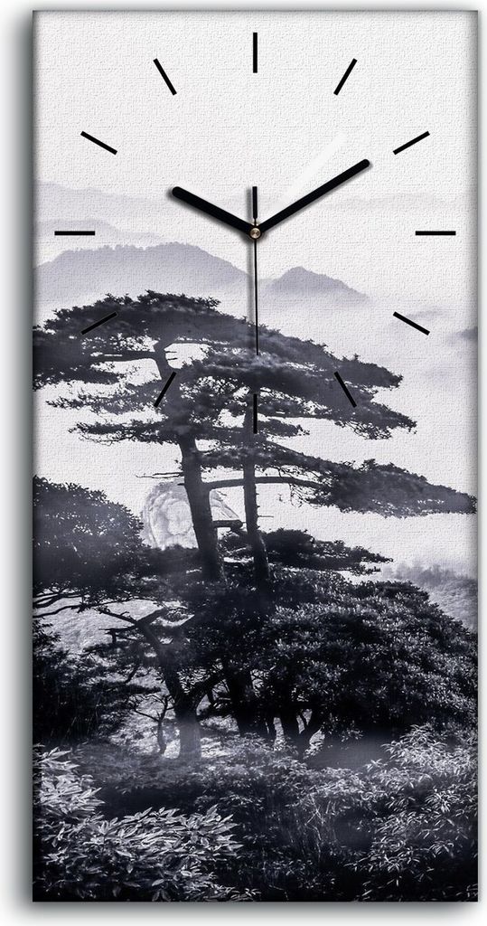 Wandbild Leinwand Bilder mit Uhr 30x60 Malerei Berge Wald Bäume Nebel Kunst - schwarze Hände