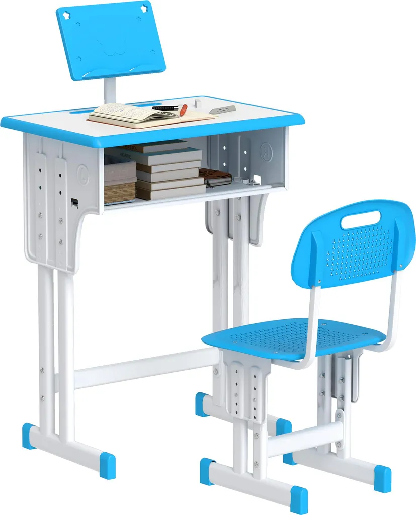 HOMCOM Ensemble Bureau et Chaise Enfant Bleu Réglable avec Casier et Crochet