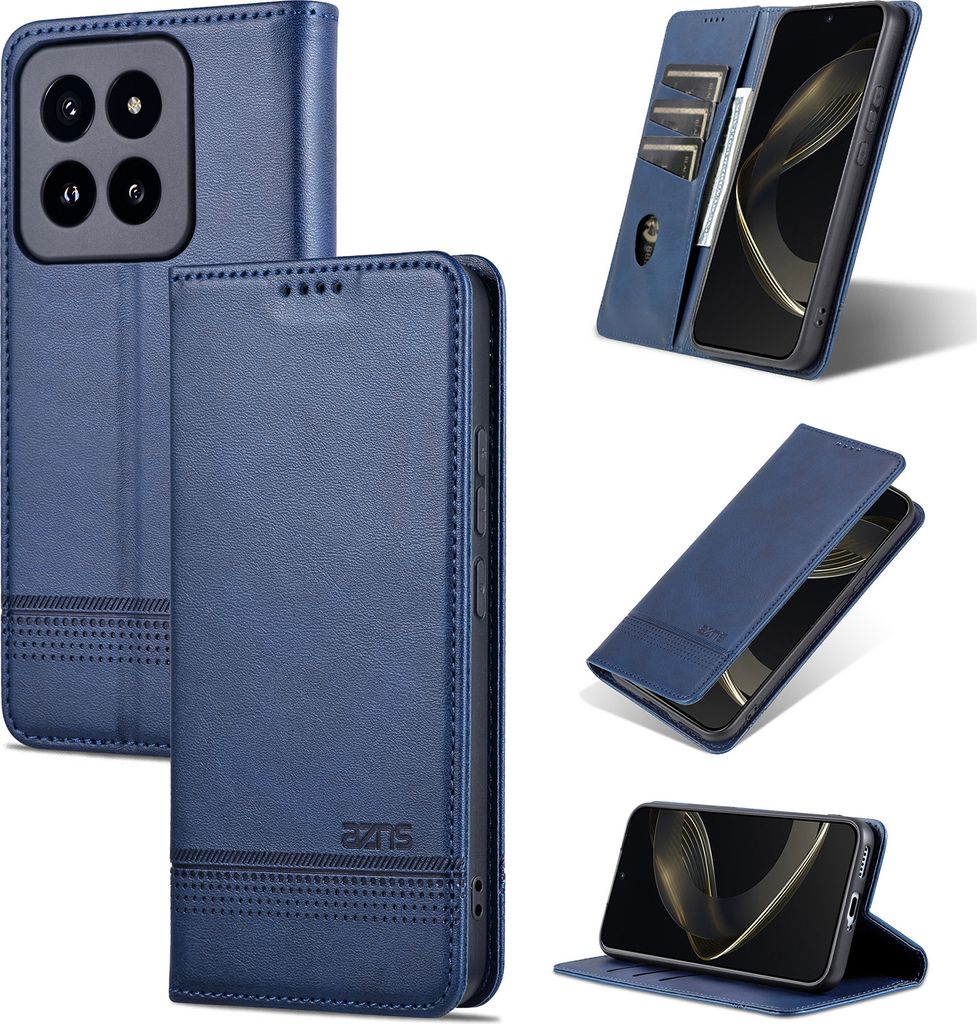 Leder Hülle für Xiaomi 14 Pro, Klapphüllen Brieftasche Magnetverschluss Ständer Schutzhülle Blau