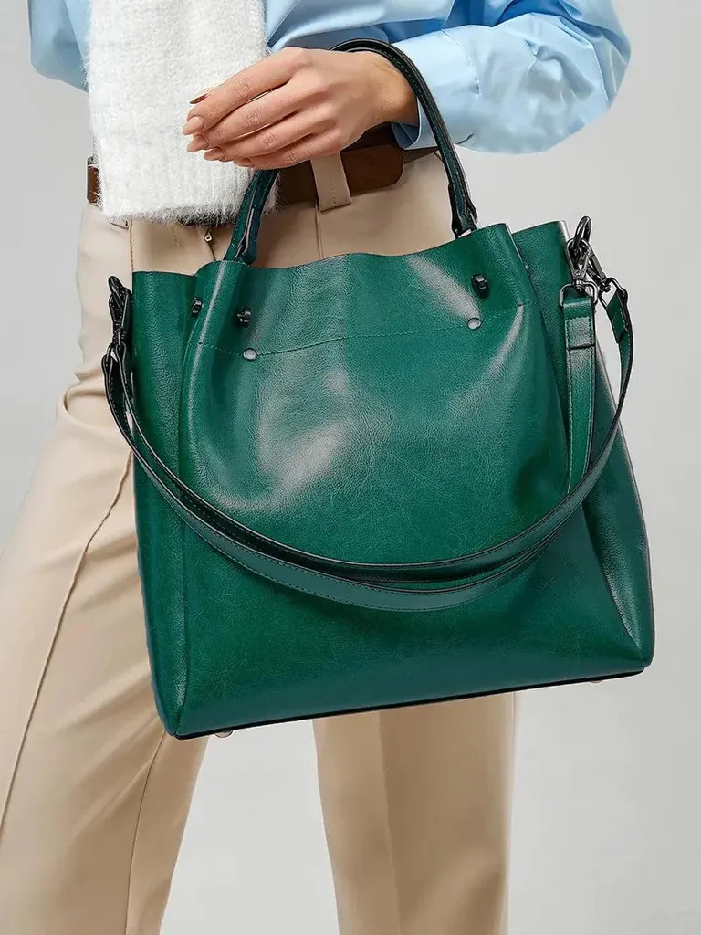Grand sac cabas Aster en cuir véritable vert - Sac à main chic femme - 6