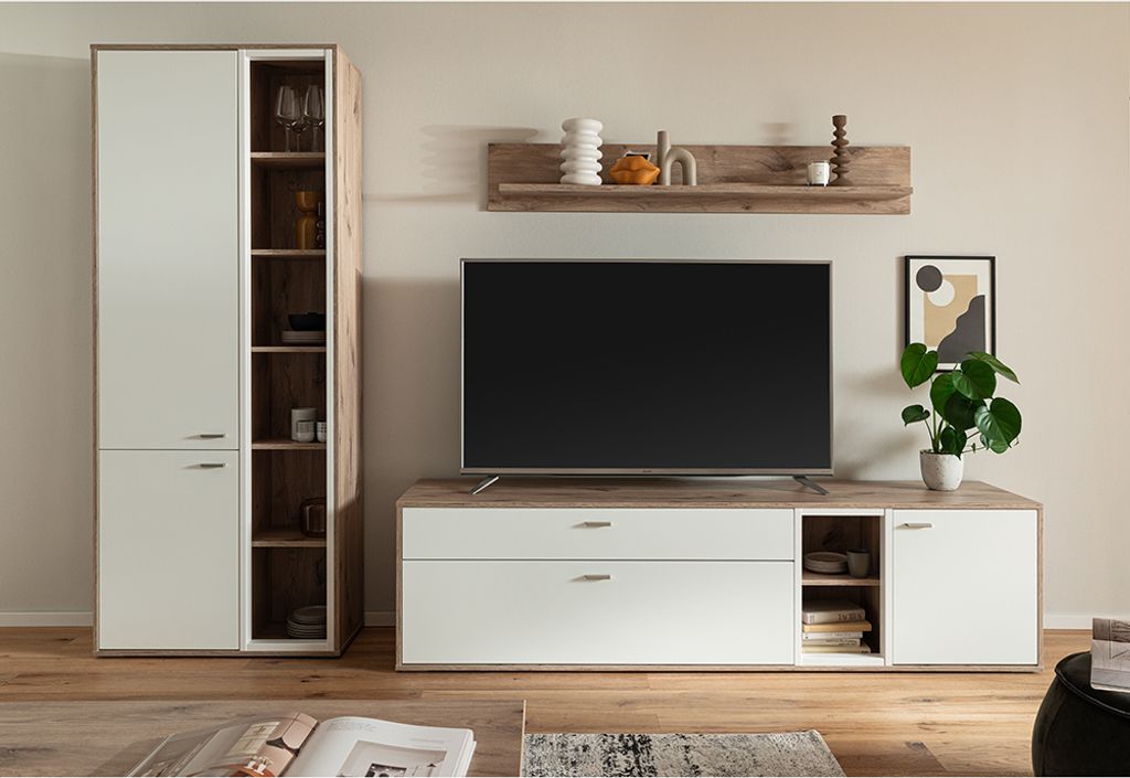 Wohnwand in Eiche und weiß modern mit Vitrine, Wandboard & Lowboard, 3-teilig - SAGUNTO-05