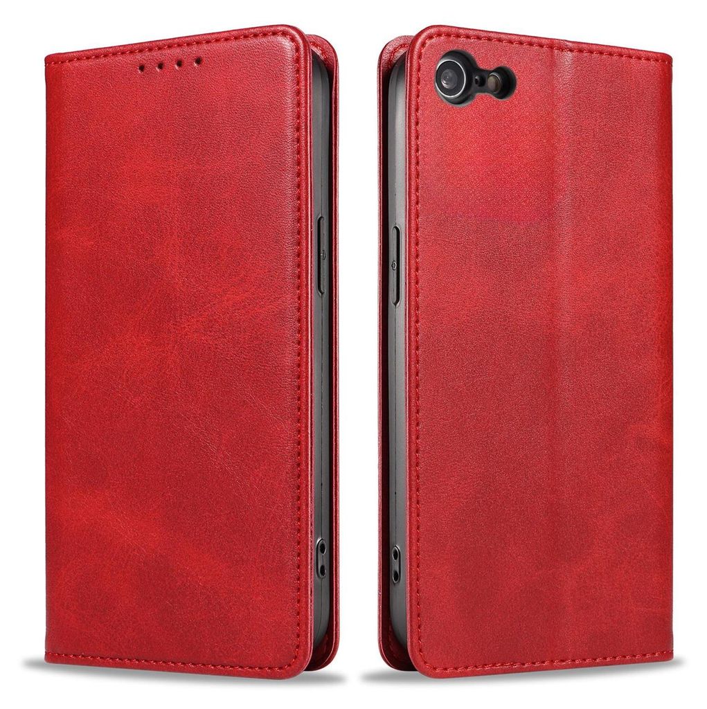 A red flip-style phone case is shown from two angles.