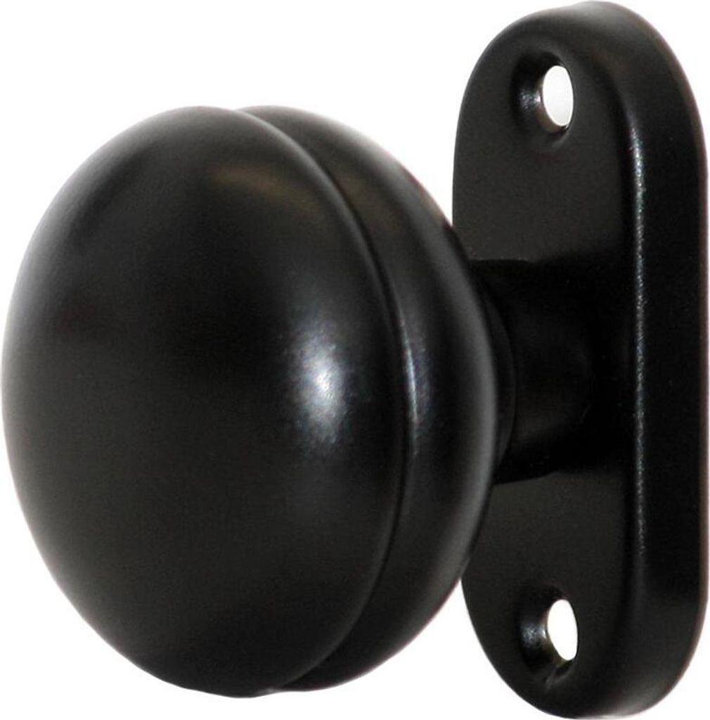 A black doorknob with a rosette is shown against a white background.
