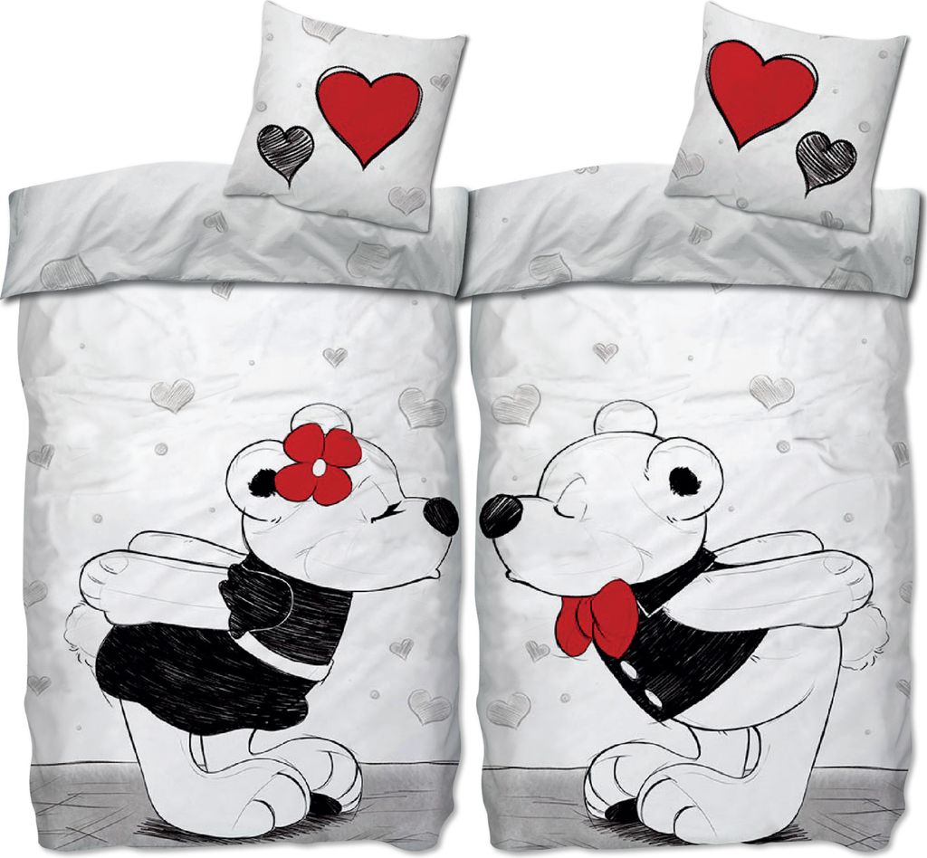 A bedding set featuring two teddy bears in a romantic pose, with heart motifs.