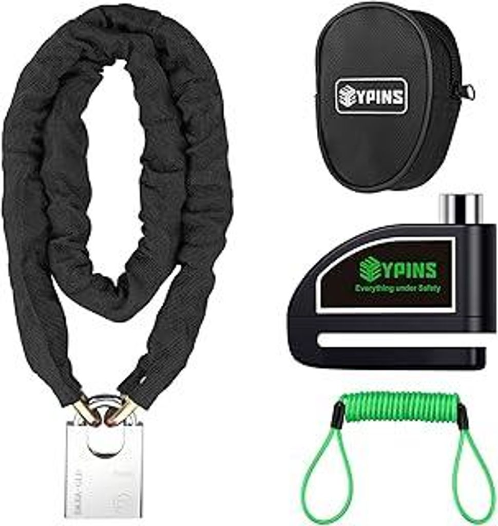 EYPINS Motorrad Bremsscheibenschloss + Kettenschloss, Alarm Scheibenschloss 110dB mit 1.2m 7mm Erinnerungskabel + 1.2m Vierkantkette Sirene Motorra...
