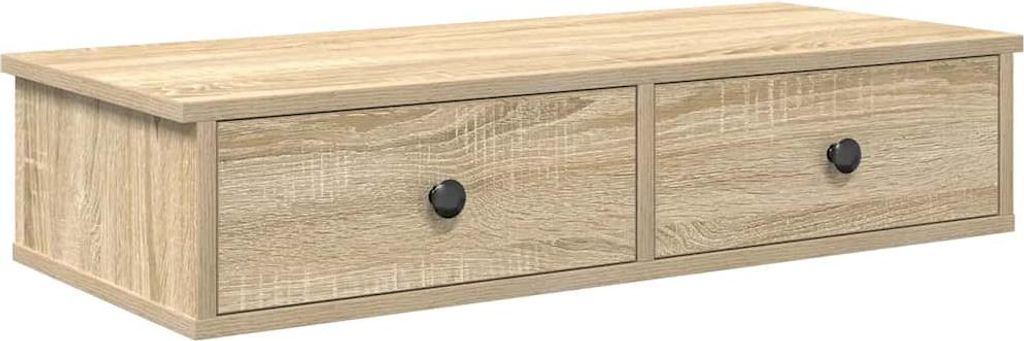 A wooden shelf with two drawers and black knobs, presented against a white background.