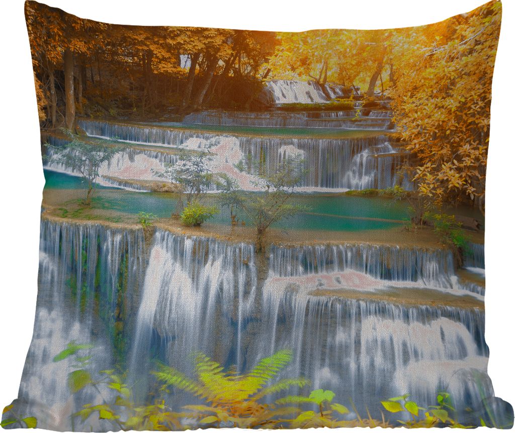 MuchoWow Outdoor Kissen - Wasserfall - Herbst - Bäume - Braun - Wasser - 45x45 cm - Wetterfest - Lounge Kissen - Fotokissen - Dekoratives Kissen