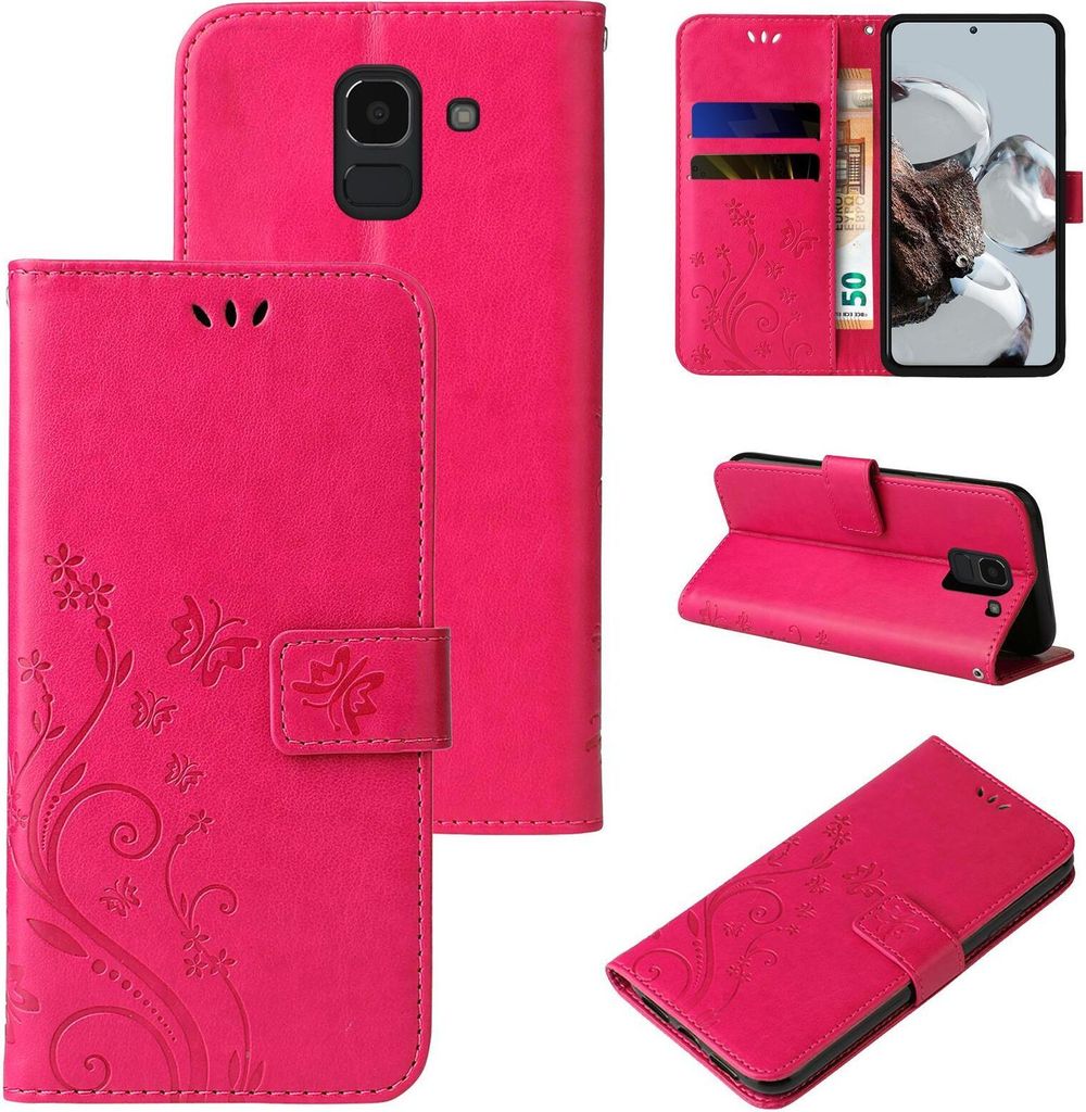 Handyhülle für Samsung Galaxy J6 Floral Blumen Schmetterling Flip Cover Hülle Case Klapphülle Handytasche Farbe: Pink