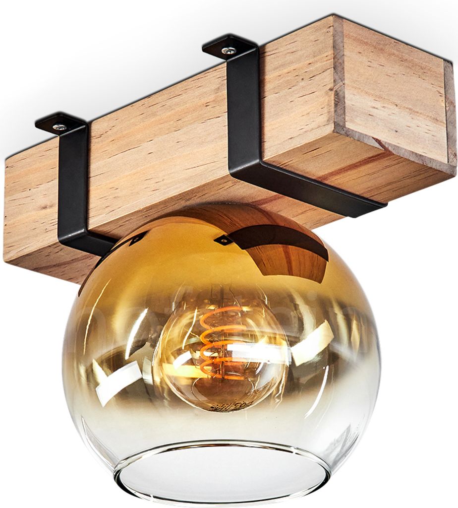 Bollengo Deckenlampe aus Metall/Holz/Glas in Schwarz/Natur/Goldfarben/Klar