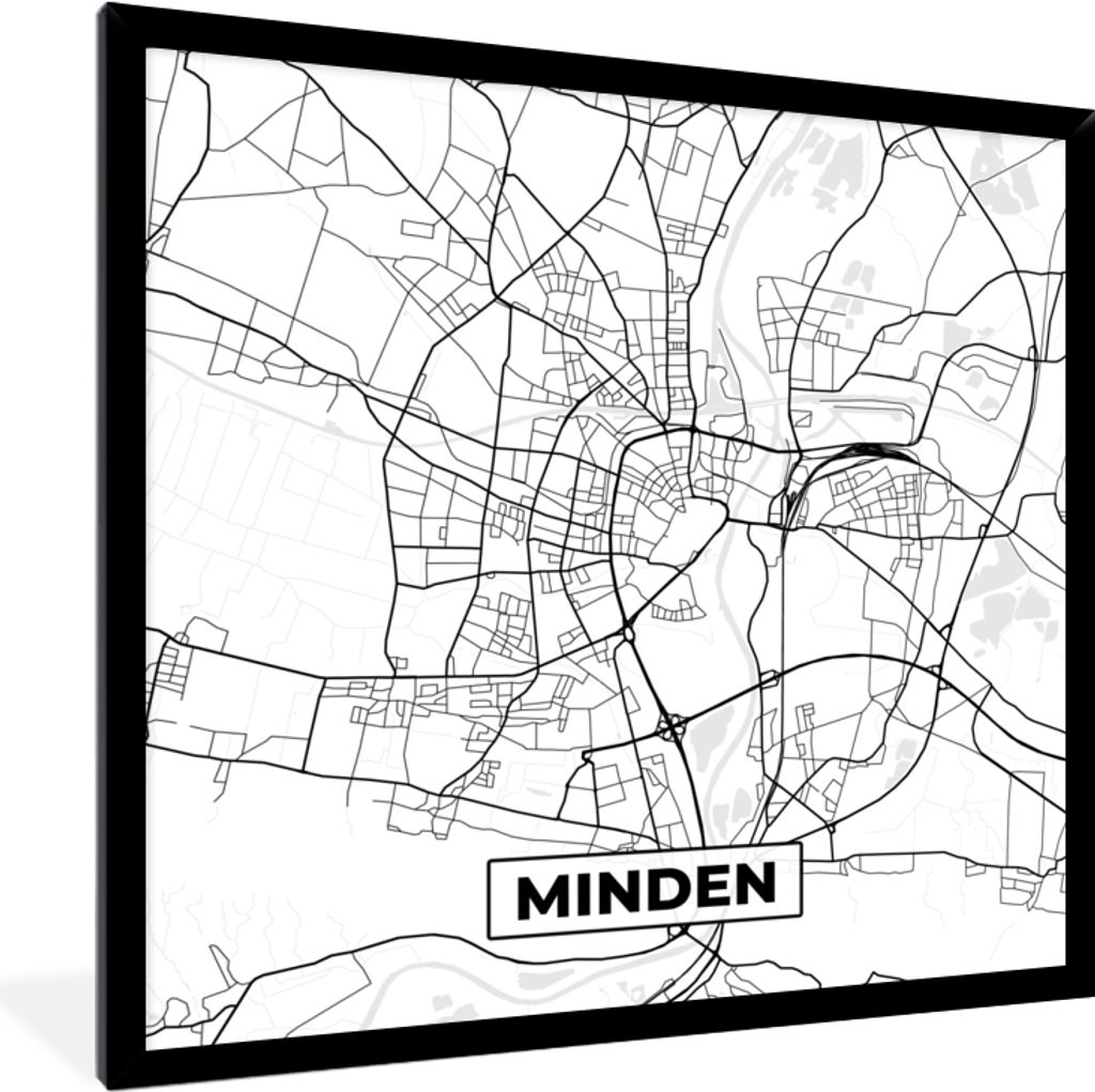 MuchoWow Gerahmtes Poster Minden - Stadtplan - Karte 40x40 cm - Poster mit Schwarzem Bilderrahmen Wandposter Rahmen Foto Bilder - Mit Rahmen - Wa...