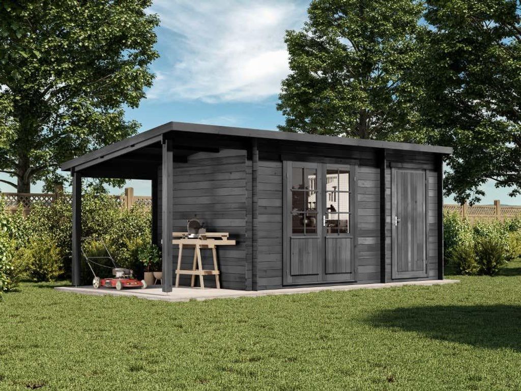 Alpholz Gartenhaus Maria mit Anbau & Schleppdach aus Holz 598 x 272 cm mit 28mm Wandstärke in Imprägnierung Grau