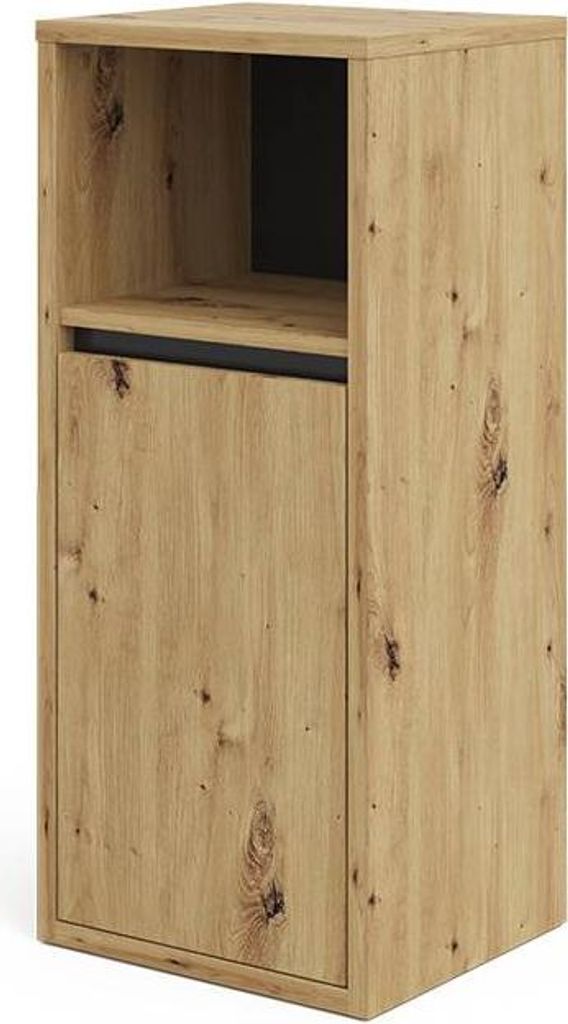 A single wooden cabinet with a black interior shelf and a closed door.
