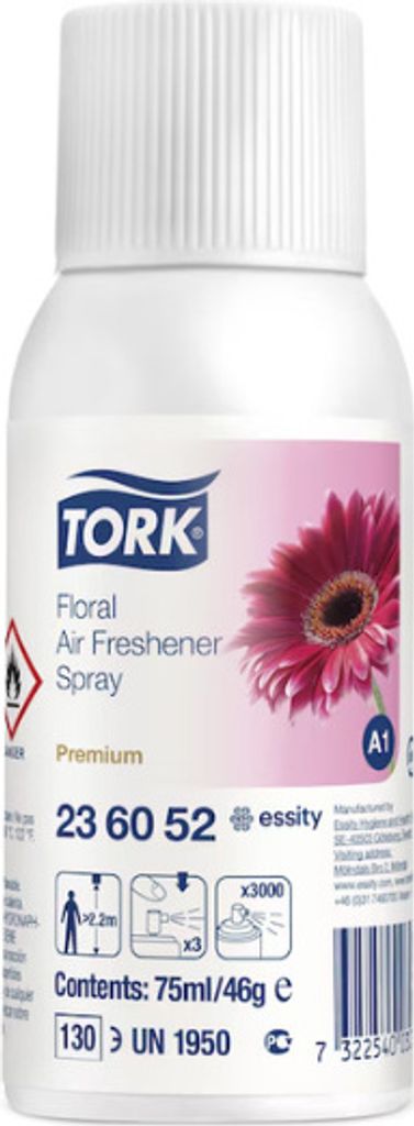 A Tork air freshener spray bottle with a floral design.