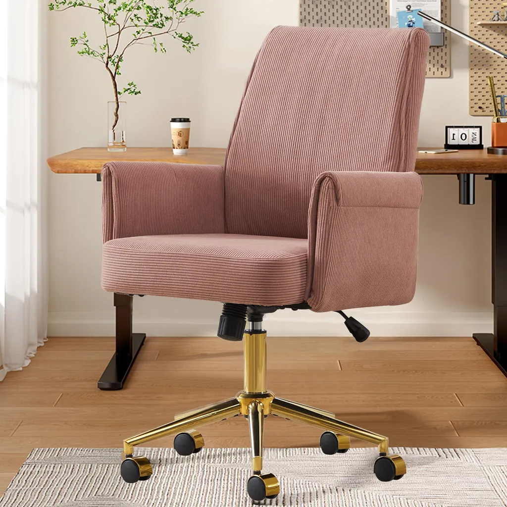 Chaise de bureau ergonomique en velours côtelé rose avec hauteur réglable