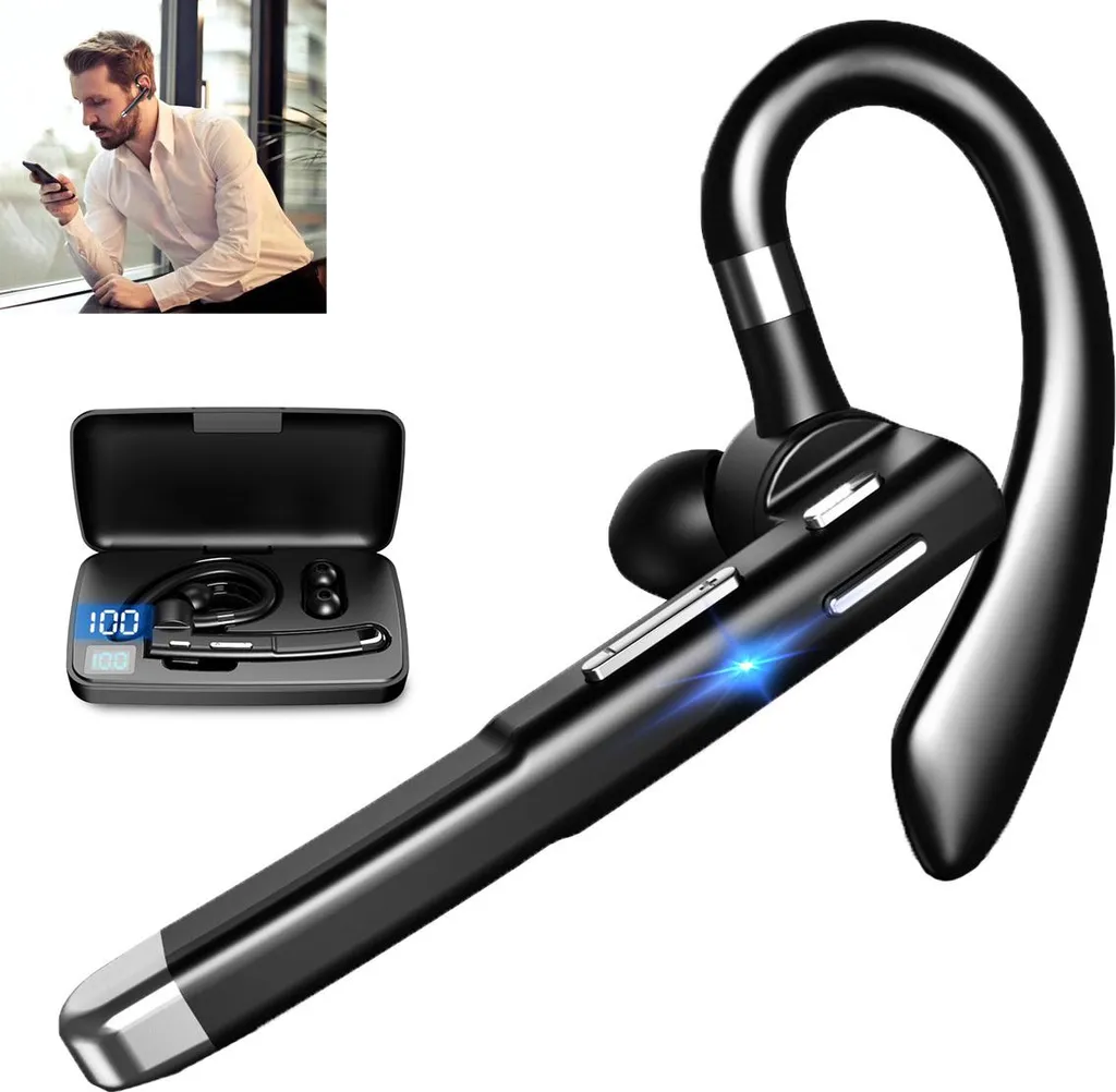 Bluetooth Freisprech Headset, Bluetooth Headset mit Ohrbügel, 500mAh Ladebox,  – In-Ear Kopfhörer fürs Autofahren & Business