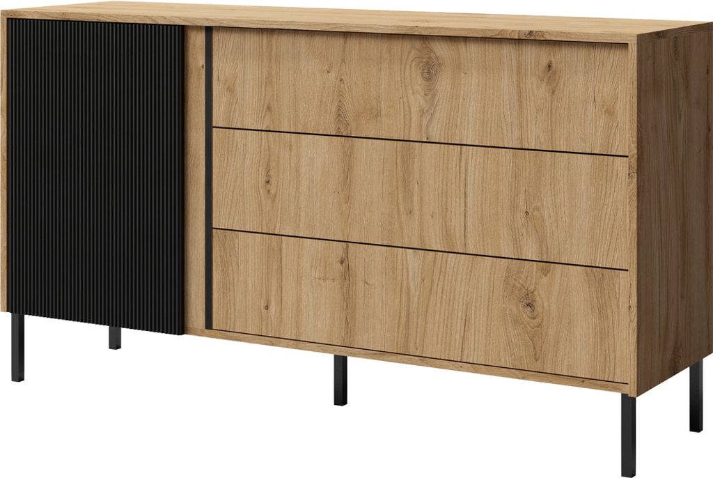 Kommode Moderne elegante moderne hohe Kommode mit Lamellen MIA 03 Farbe: Ewige eiche+schwarz,B:145/H:80/T:41cm