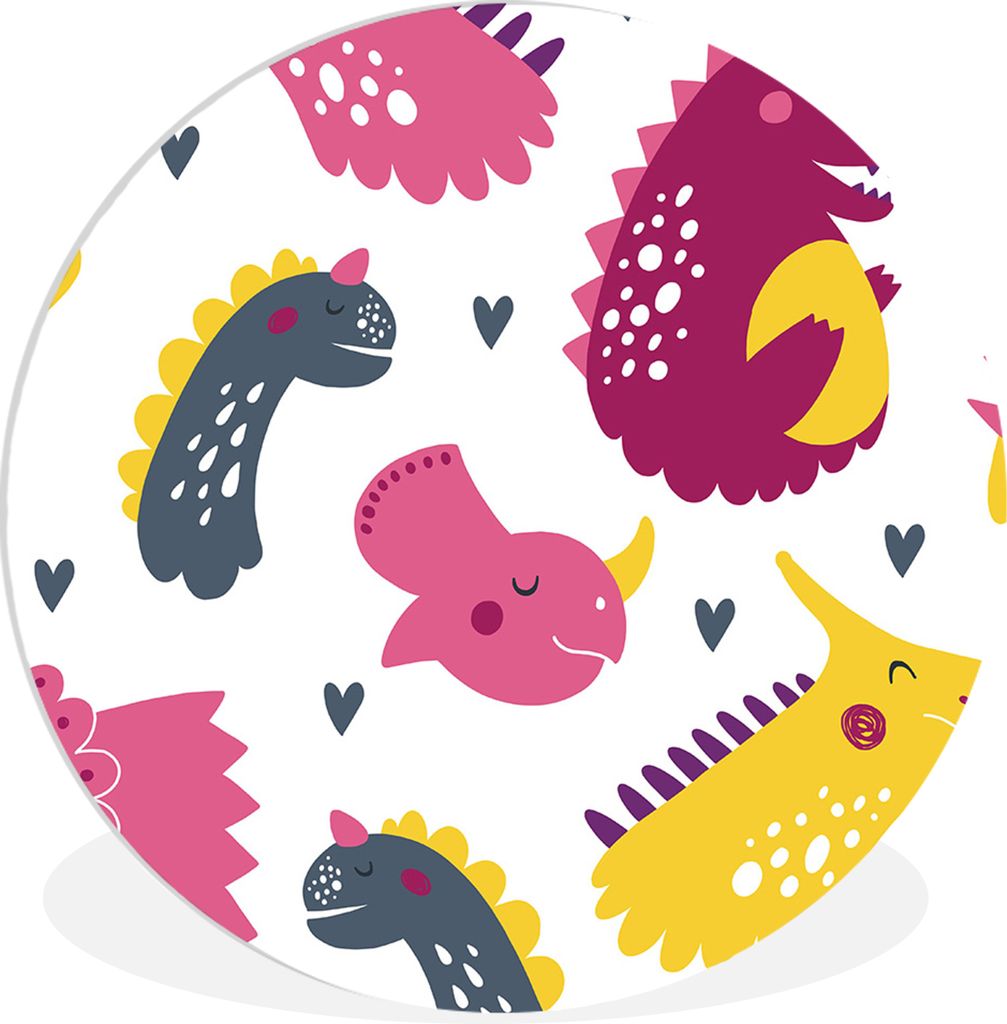 MuchoWow Rundes Wandbild - Runde Bilder Dino - Muster - Kind - Rosa - Mädchen Ø 90 cm Kreis Wanddekoration Kunststoff - Wandkreis - Wandschmuck...