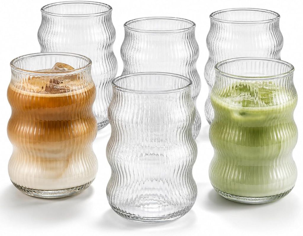 6er Set Matcha Gläser 400ml - Hochwertiges Wellenglas Design - Hitzebeständig & Spülmaschinenfest