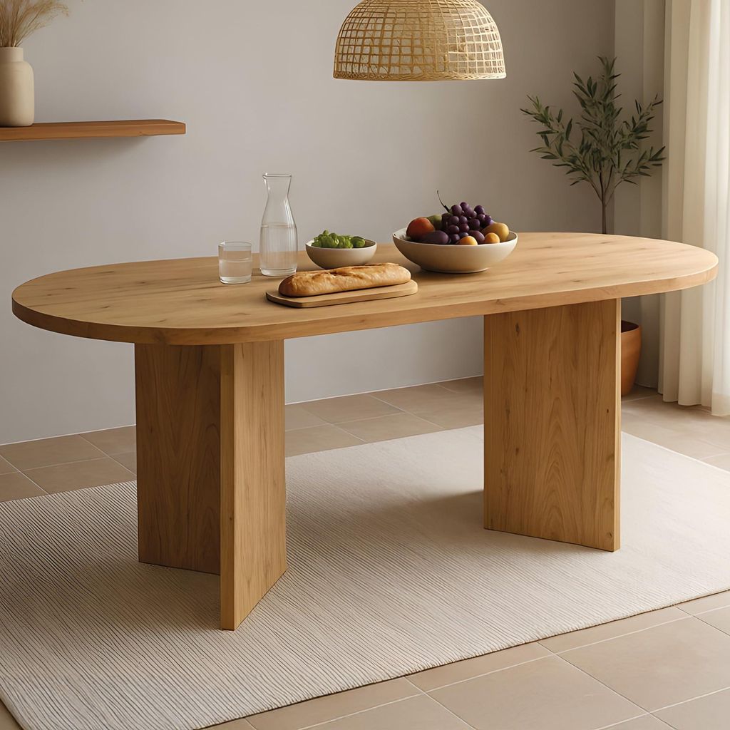 Esstisch Laurie | 204 x 90 cm | Akazienholz massiv | Farbe: Naturfarben | Oval mit gerader Kante | V-Gestell Holz | Esszimmertisch/Küchentisch aus...