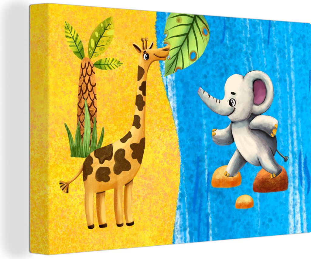 OneMillionCanvasses - Leinwandbilder - 140x90 cm, Elefant - Giraffe - Wasser, Wandbilder Kunstdruck Wanddekoration