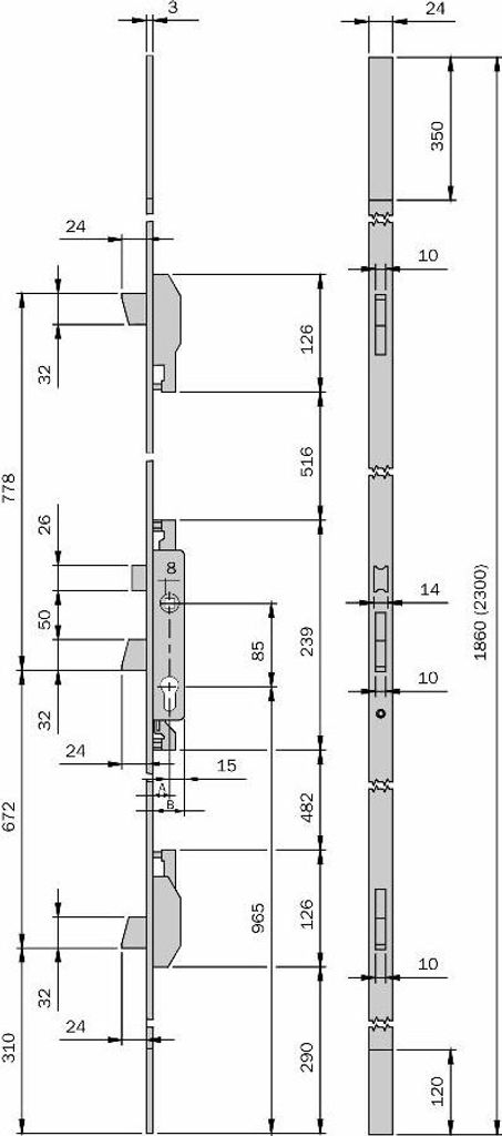 ISEO Electa Inox 3-Punkt-Einsteckschloss mit umkehrbarem Riegel - Flacher Stulp - 1860x24x6 - Achse 30 - 785111302
