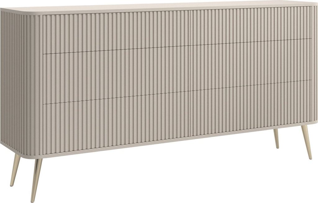 A front-facing view of a greige dresser with gold metal legs against a white background.