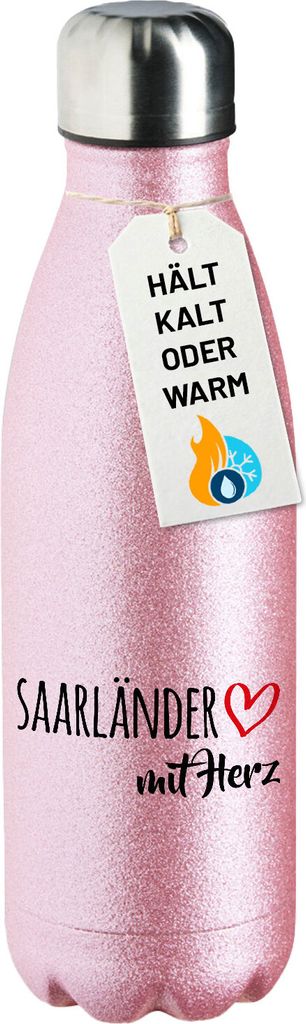 Huuraa Trinkflasche Saarländer mit Herz 500ml Pink Edelstahl Wasserflasche Trinkflasche Geschenkidee