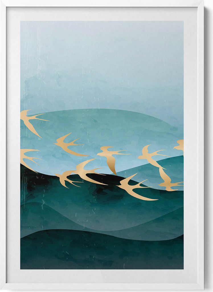 Illustration von goldenen Vögeln am Himmel– Wandbild mit Rahmen – Gerahmtes Bild – Wanddekoration – 70x100 cm – Weiß Rahmen