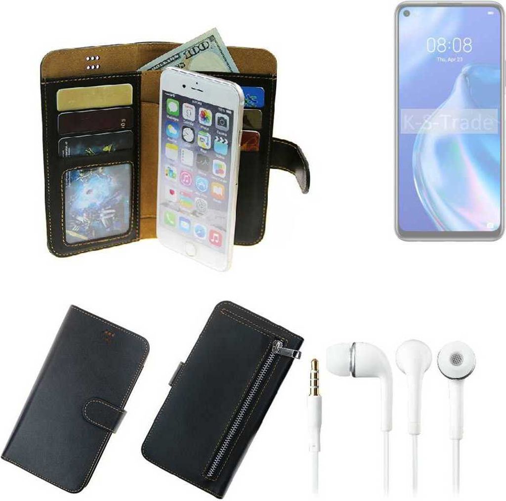 TOP SET Handy Hülle Schutz Hülle kompatibel mit Huawei P40 lite 5G schwarz aus Kunstleder + Kopfhörer Smartphone Tasche vollwertige Geldbörse