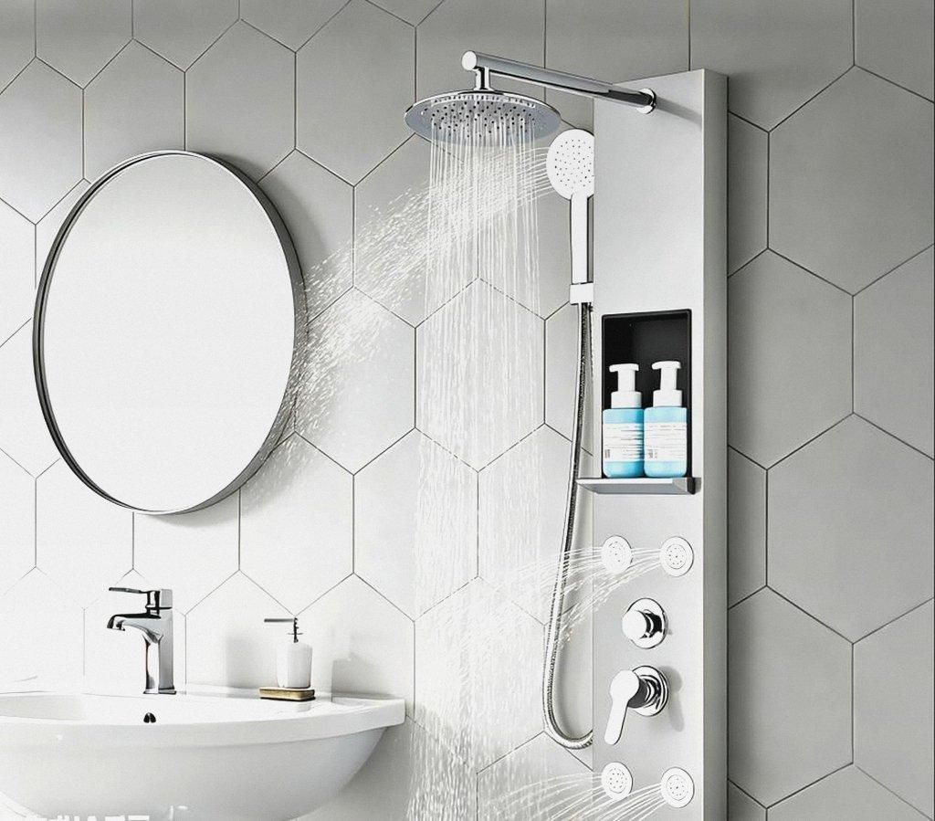 Duschsäule aus Edelstahl mit Massagedüsen Säule Wanddusche multifunktional Duschpaneel mit Ablage für Badezimmer