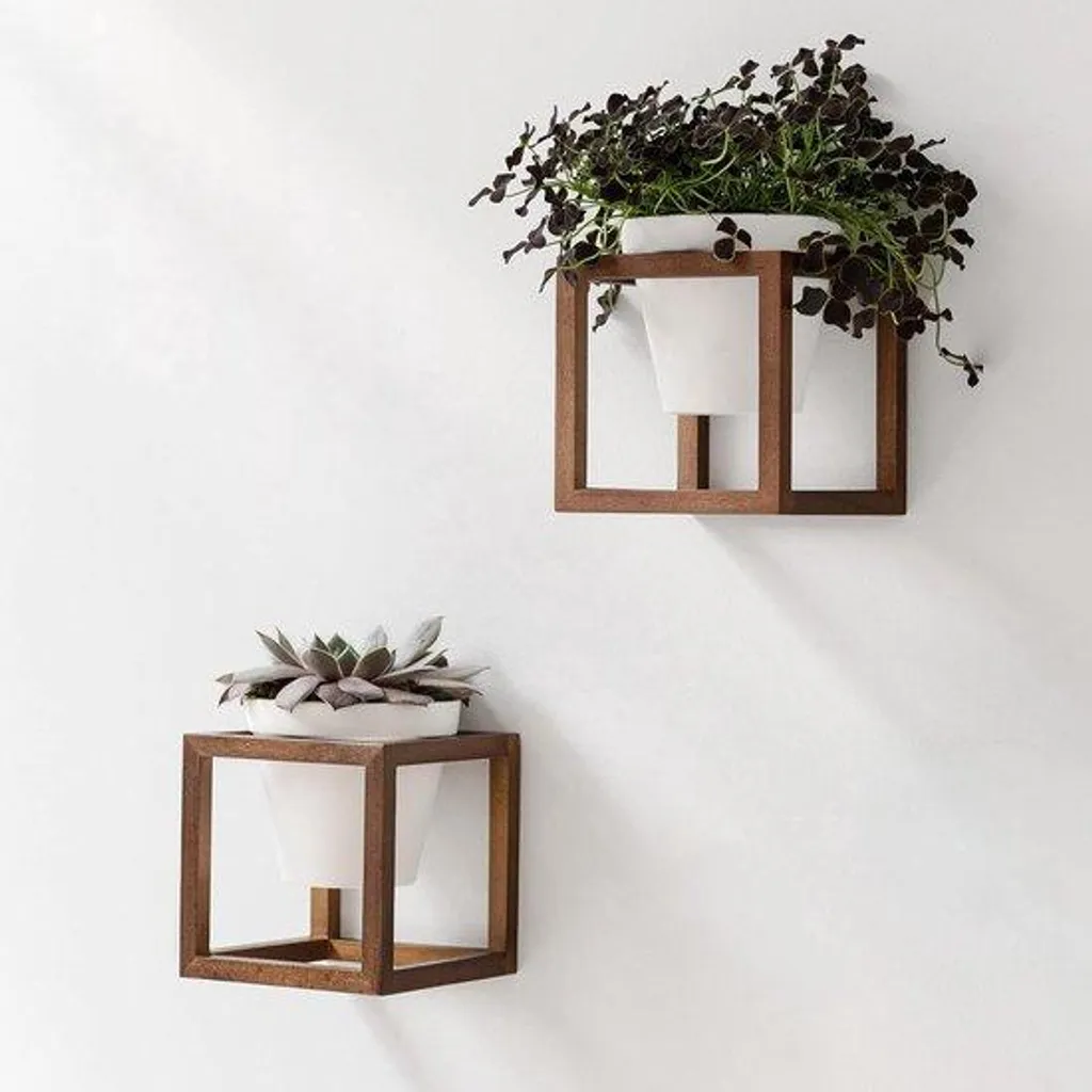 Trio de pots de fleurs suspendus en bois massif et céramique blanche 3 pcs