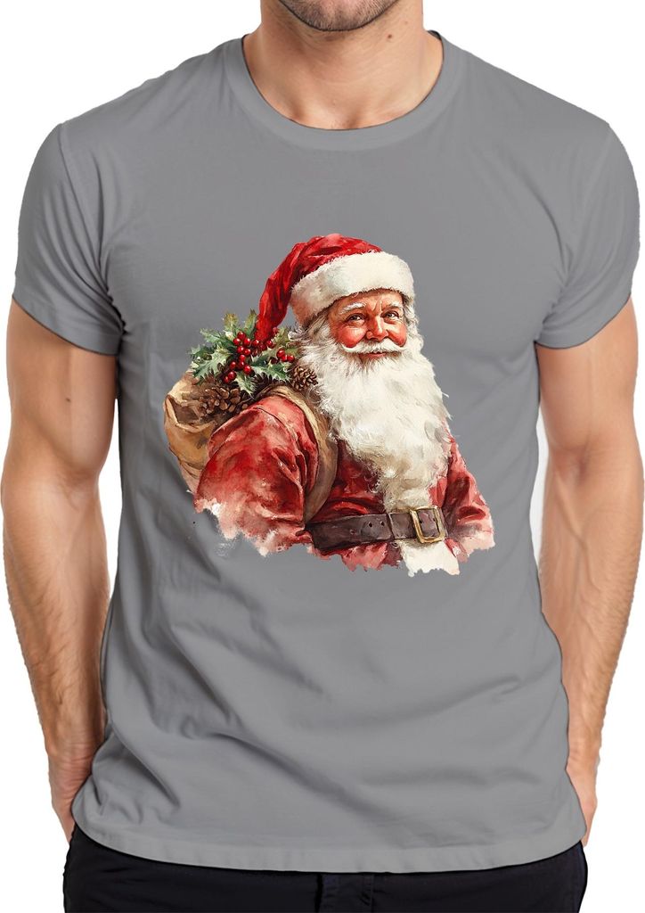 Weihnachtsmann Sack Stechpalme Tannenzapfen Bart Geschenk Vintage Herren T-Shirt, Grau, M