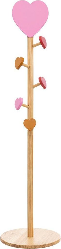 A wooden coat rack with heart-shaped hooks and a heart-shaped top, standing on a circular base.