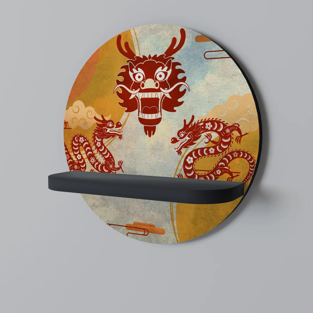 MYSTICAL DRAGON Étagère murale ronde noire - Design Métal Industriel