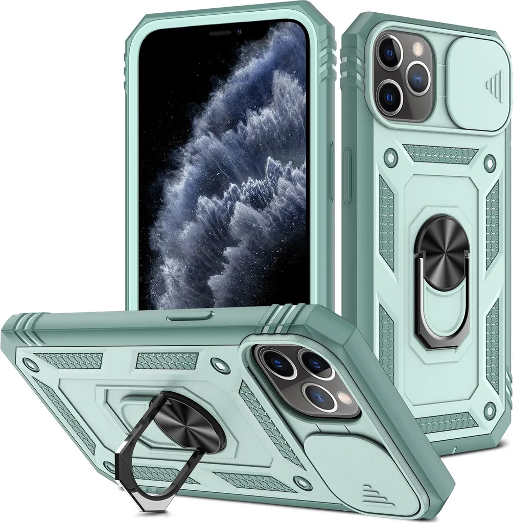 Custodia per iPhone 11 Pro protezione fotocamera scorrevole, resistente agli urti, con supporto ad anello, supporto e porta carte Verde